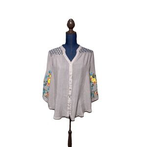 Anthropologie Fig & Flower Boho Embroidered Blouse Women Size Large Peasant